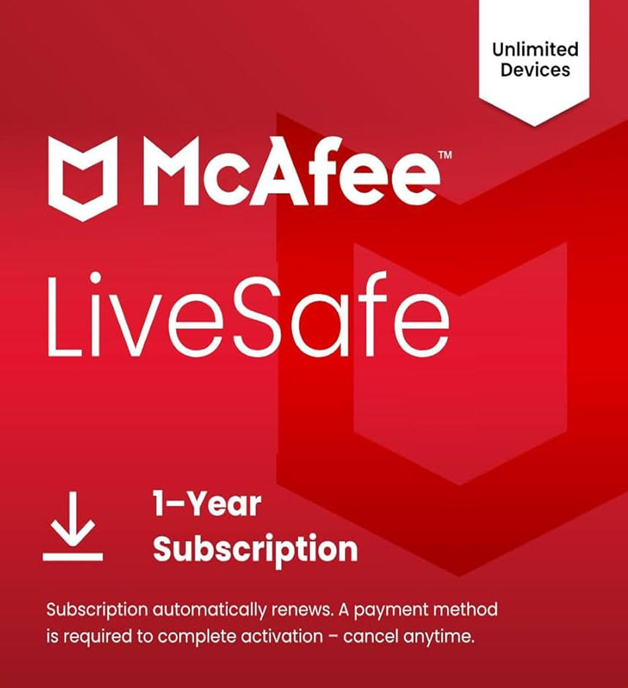 McAfee LiveSafe subscription key 1 year global version Windows 10 11